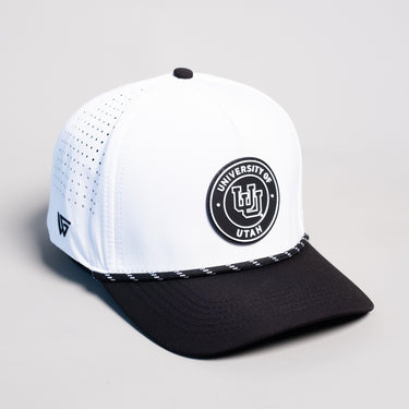 Utah Utes Hat White & Black Tee Box Performance Rope Snapback - Angled View