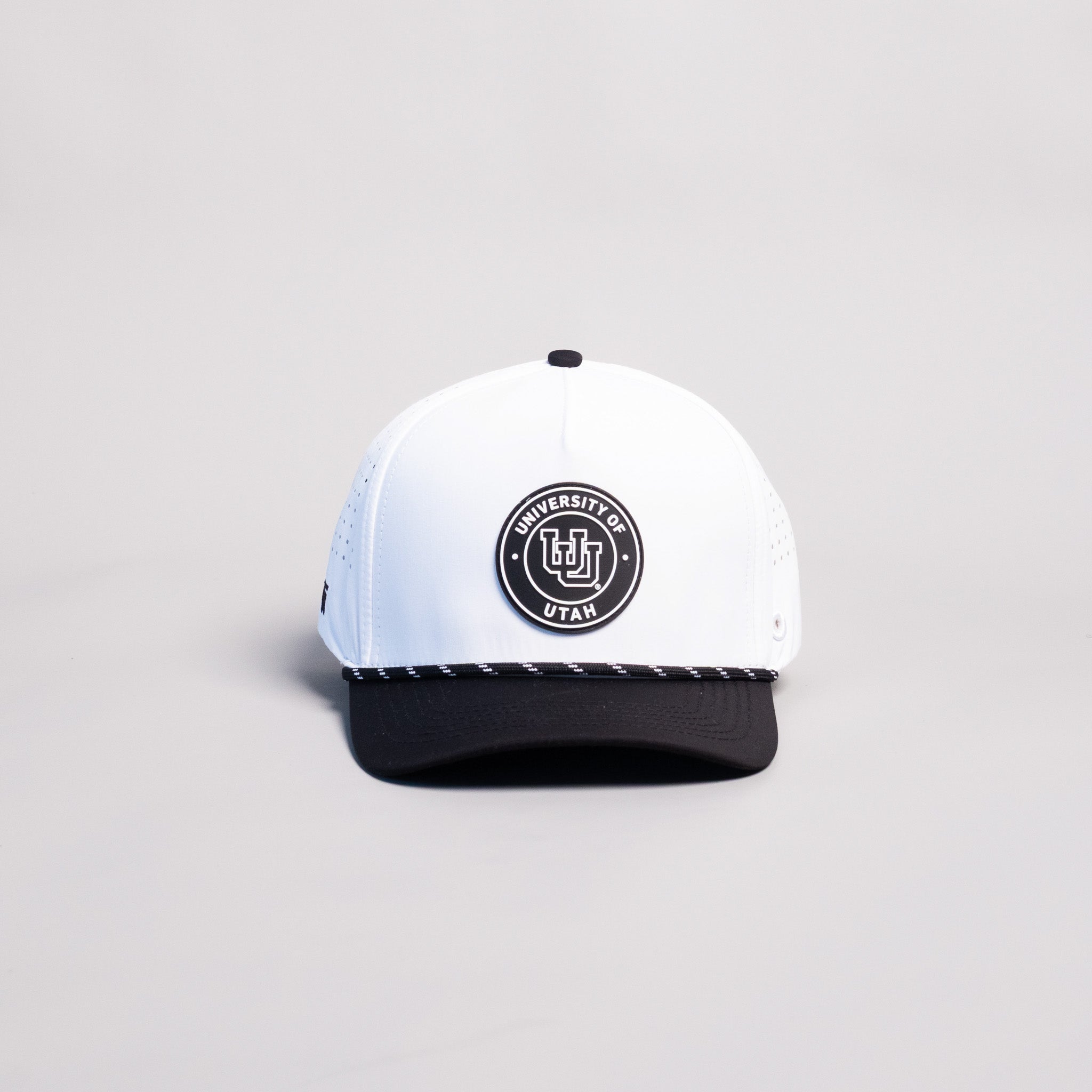 Utah Utes Hat White & Black Tee Box Performance Rope Snapback - Front Panel