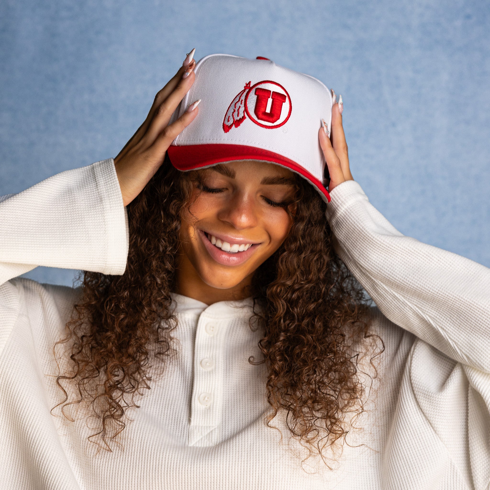 Utah Utes Hat White & Red Rice-Eccles Stadium Snapback - On Model Lifestyle