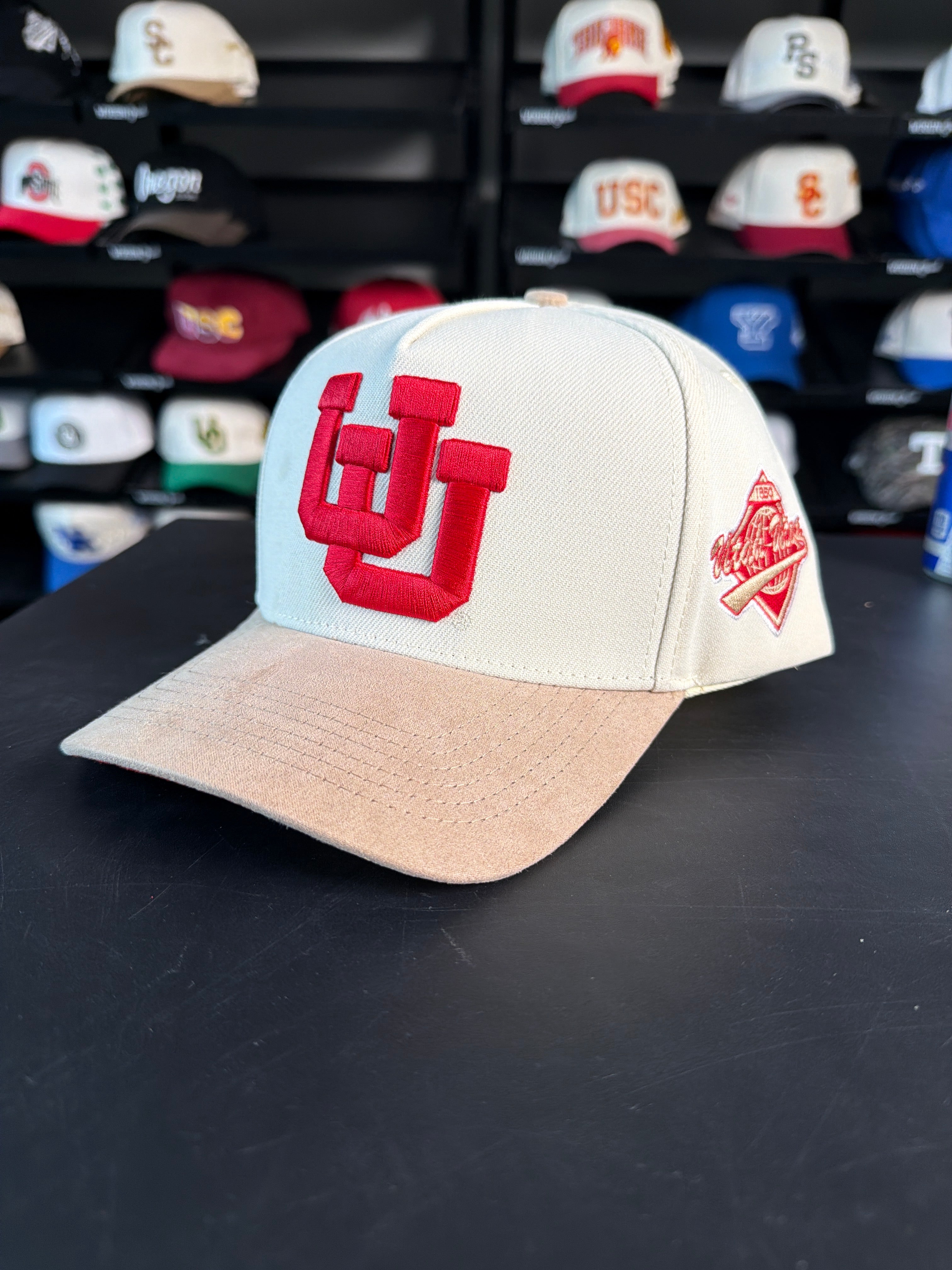 Utah Utes UU Hat Cream & Beige Suede Side Patch Snapback - Angled View
