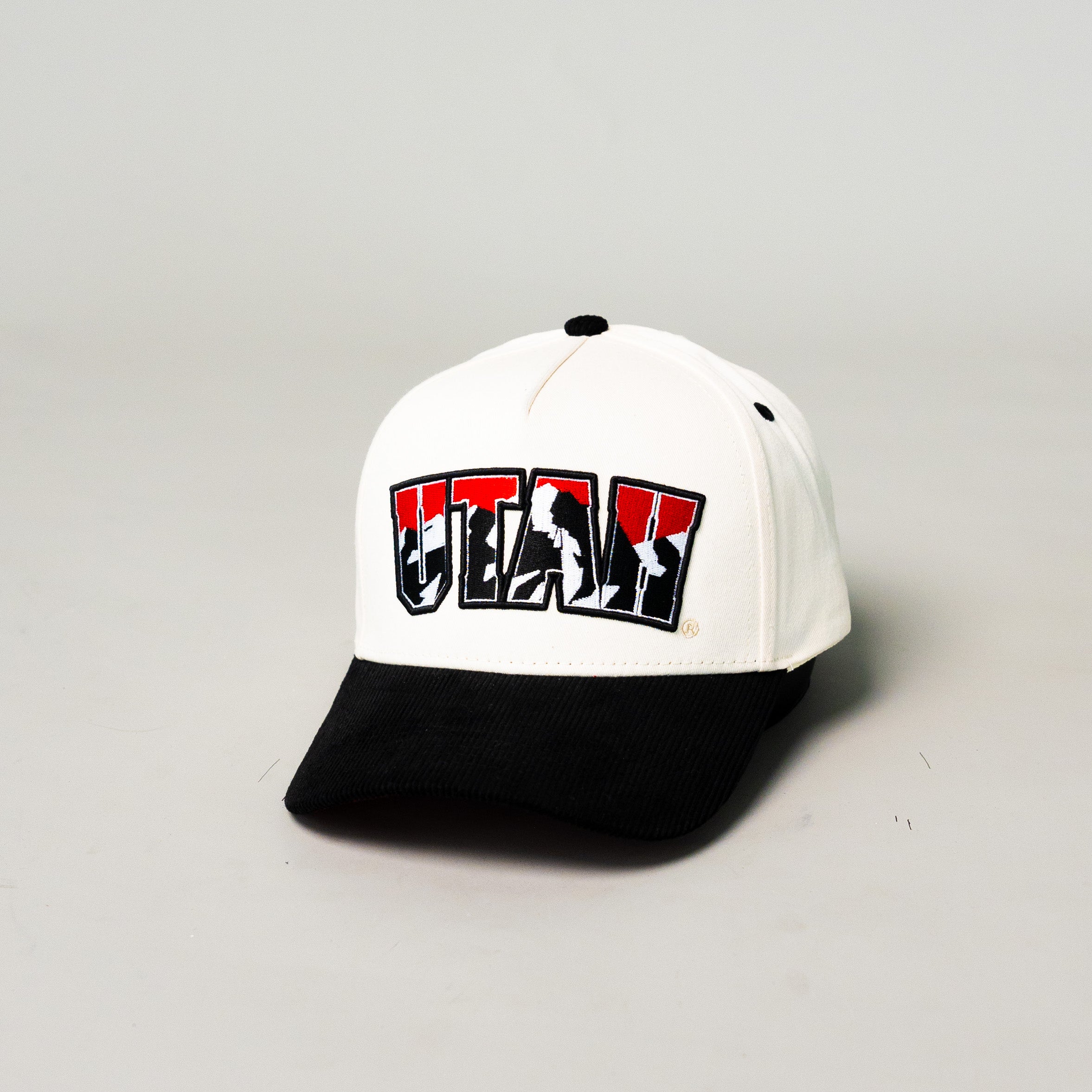 Utah Utes Vintage Cream and Black Snapback Hat with Red Mountain Logo Embroidery - Angled View