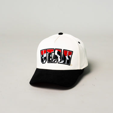 Utah Utes Vintage Cream and Black Snapback Hat with Red Mountain Logo Embroidery - Angled View