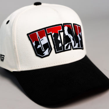 Utah Utes Vintage Cream and Black Snapback Hat with Red Mountain Logo Embroidery - Front Detail