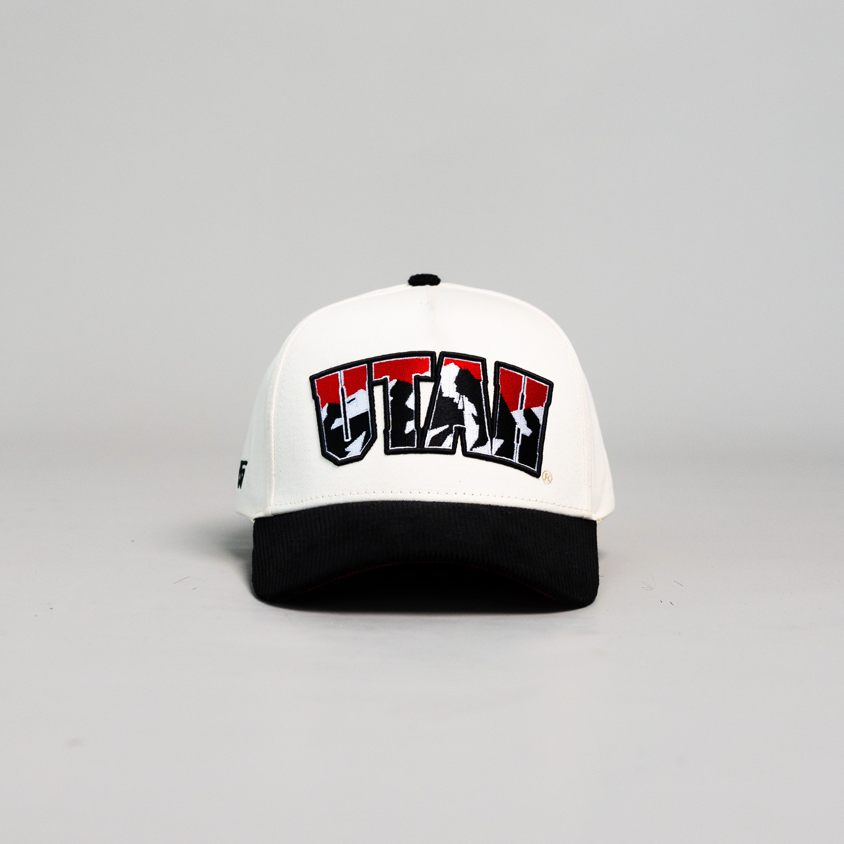 Utah Utes Vintage Cream and Black Snapback Hat with Red Mountain Logo Embroidery - Front Panel