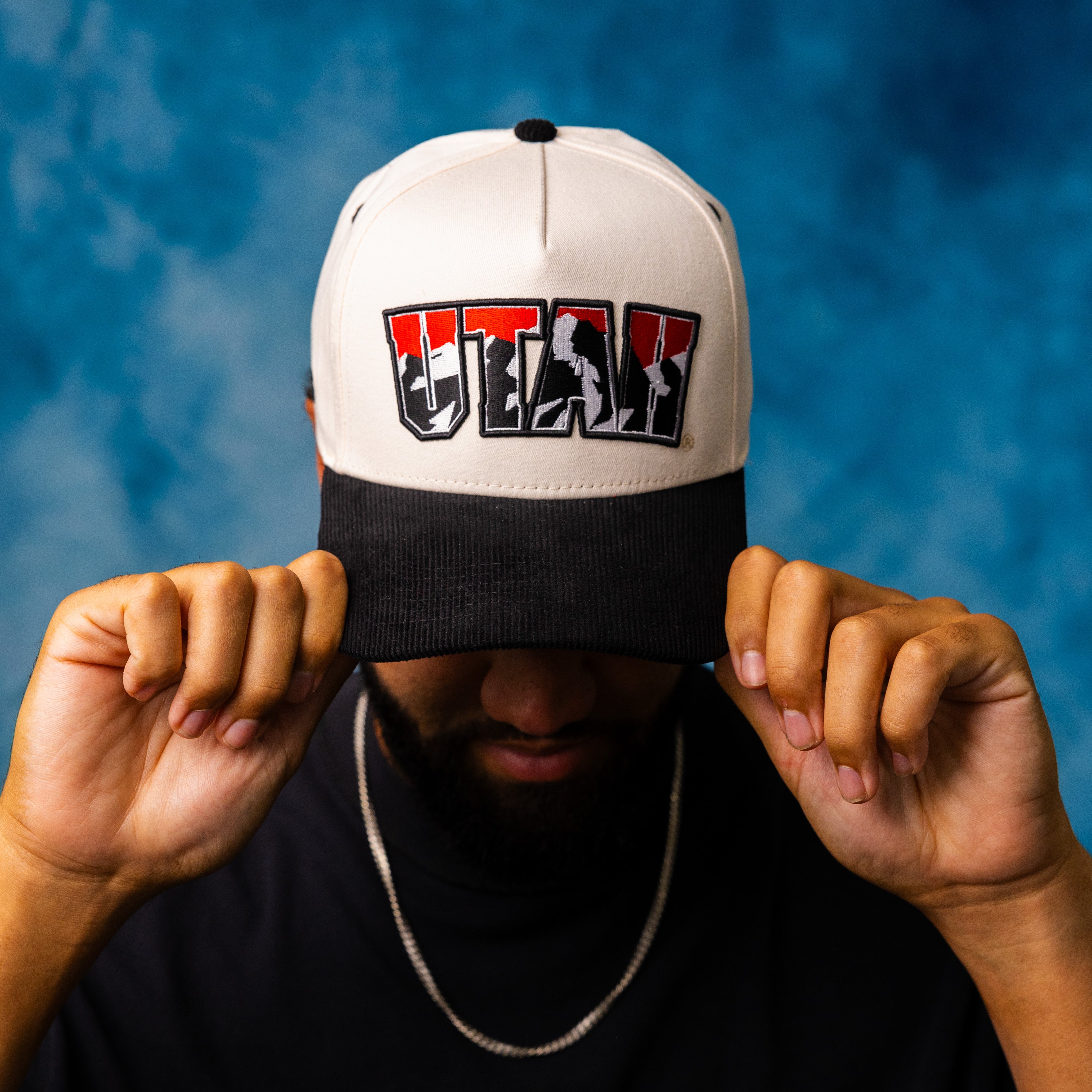 Utah Utes Vintage Cream and Black Snapback Hat with Red Mountain Logo Embroidery - On Model Portrait Lifestyle