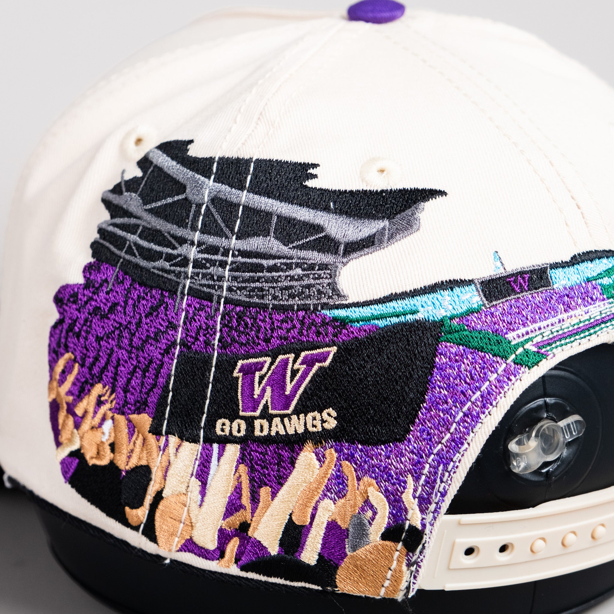 Washington Huskies Hat Cream & Purple Home Crowd Snapback - Side Patch Detail