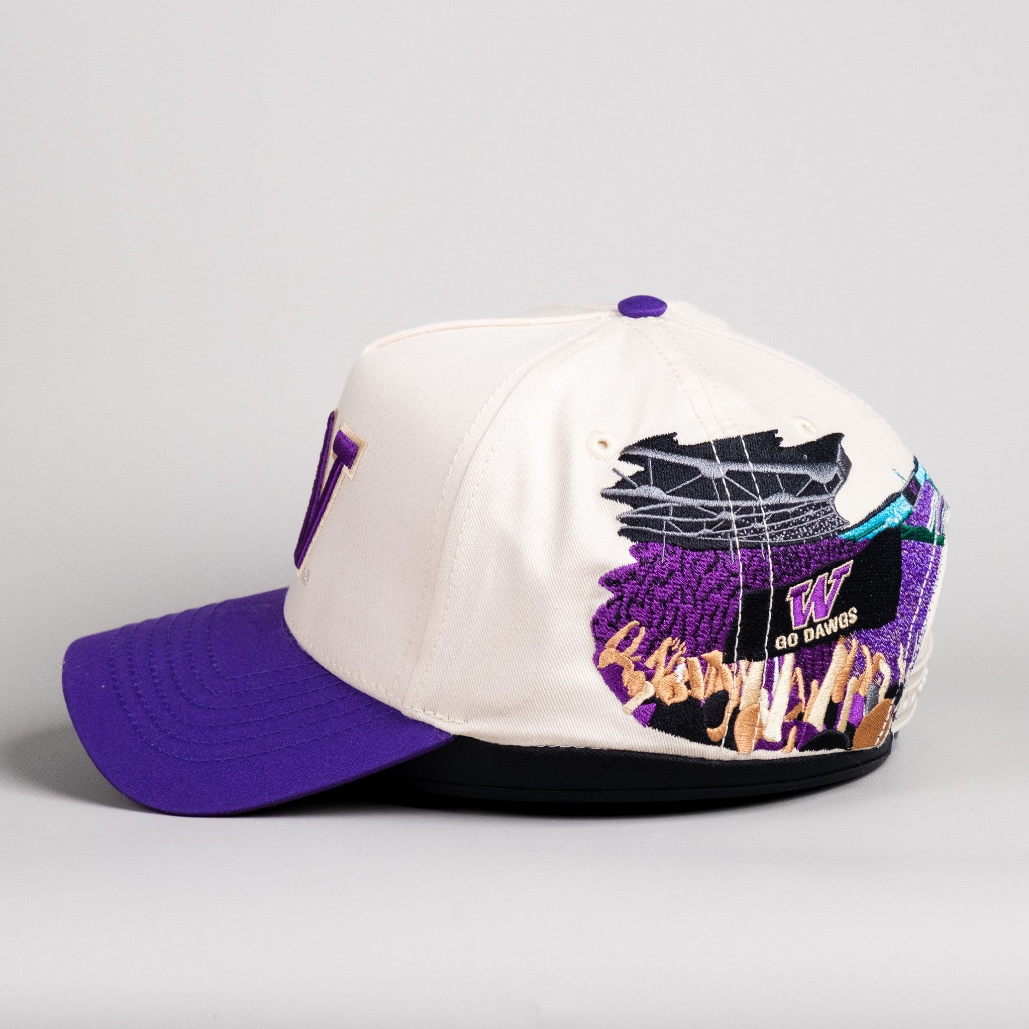 Washington Huskies Hat Cream & Purple Home Crowd Snapback - Side Stadium
