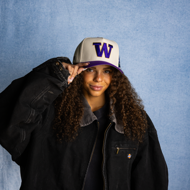 Washington Huskies Hat Cream & Purple Side Stadium - On Model Lifestyle