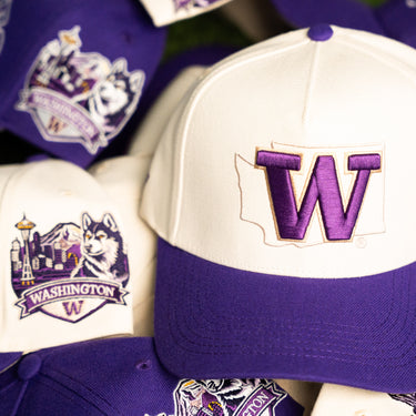 Washington Huskies Hat Cream & Purple UW State Snapback - Angled View