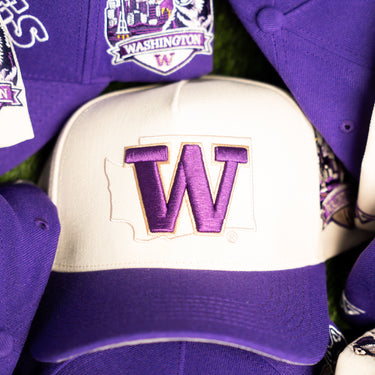 Washington Huskies Hat Cream & Purple UW State Snapback - Front Detail