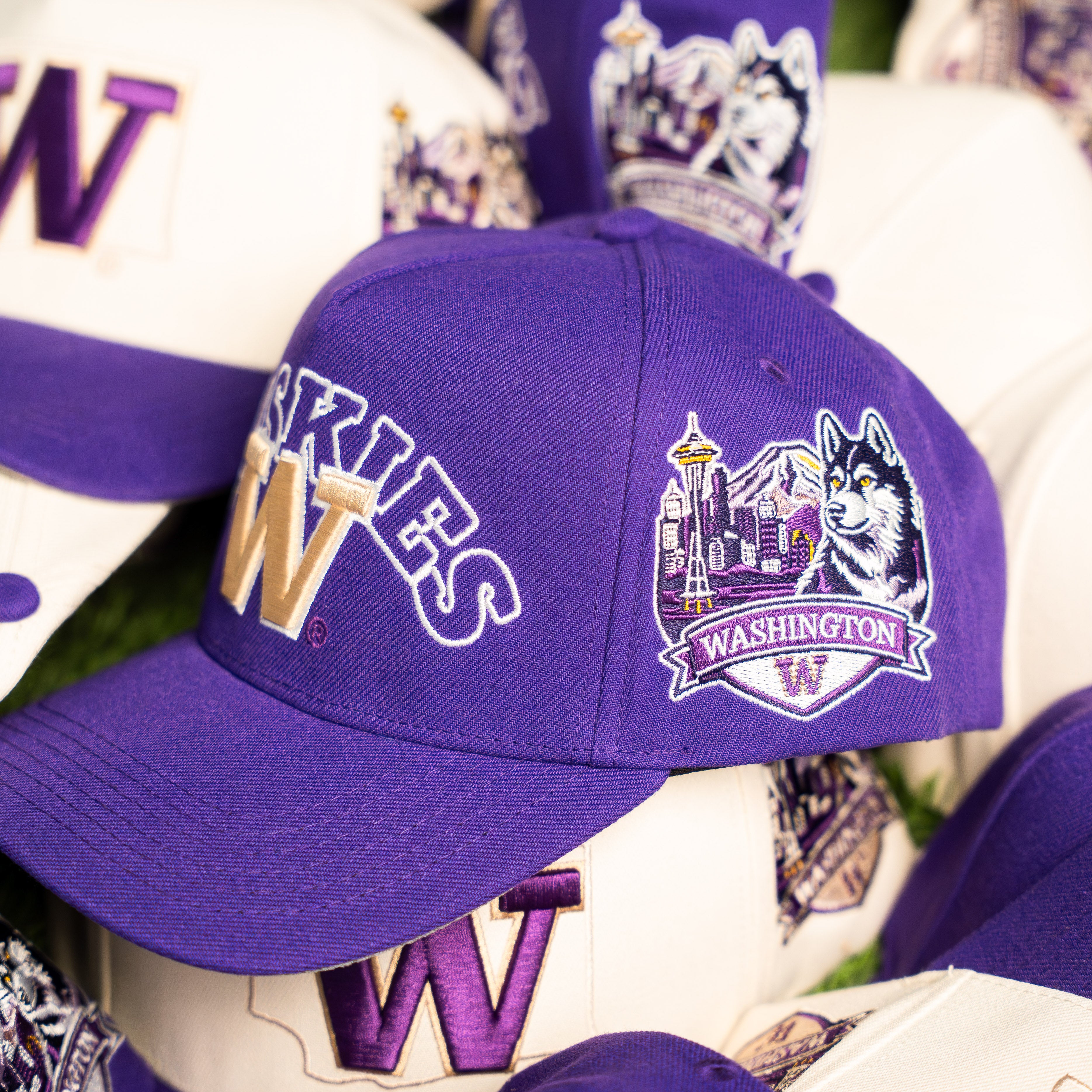 Washington Huskies Hat Purple Script Snapback - Angled View