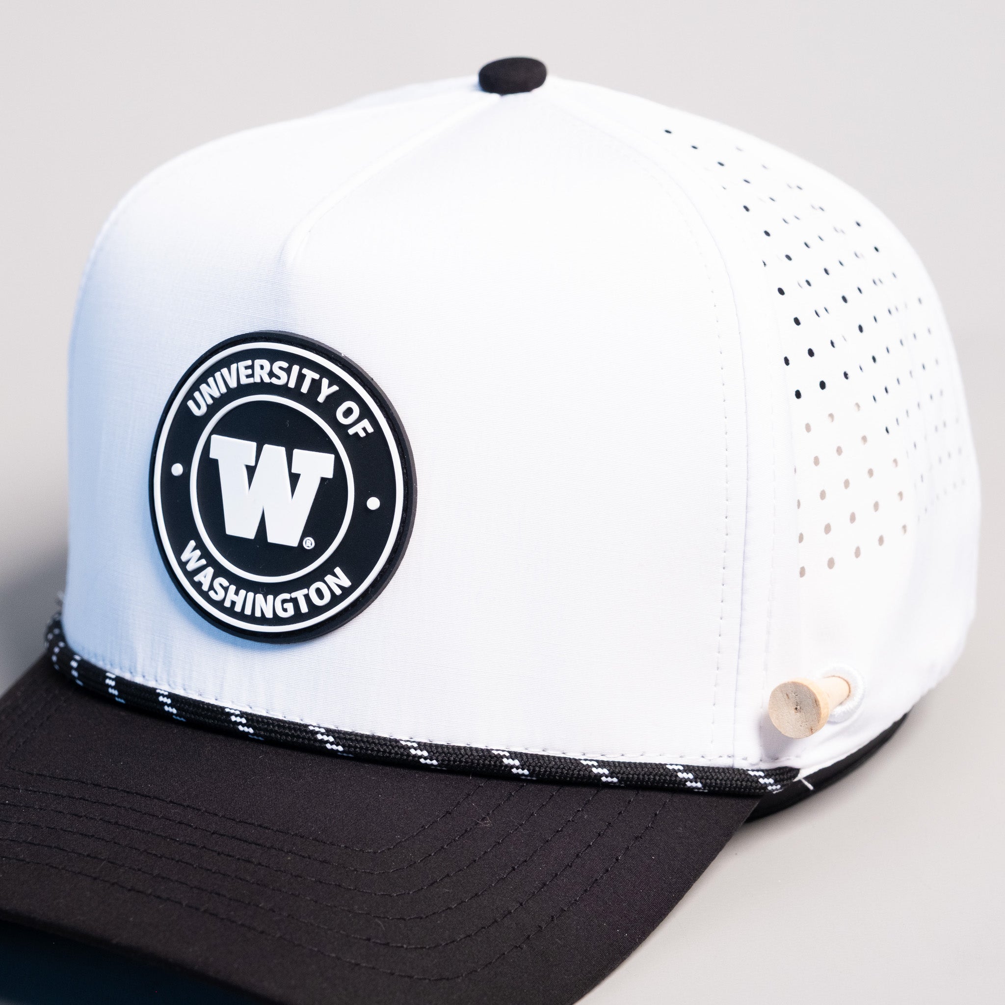 Washington Huskies Hat White & Black Tee Box Performance Rope Snapback - Front Detail Angled