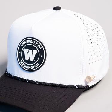 Washington Huskies Hat White & Black Tee Box Performance Rope Snapback - Front Detail Angled