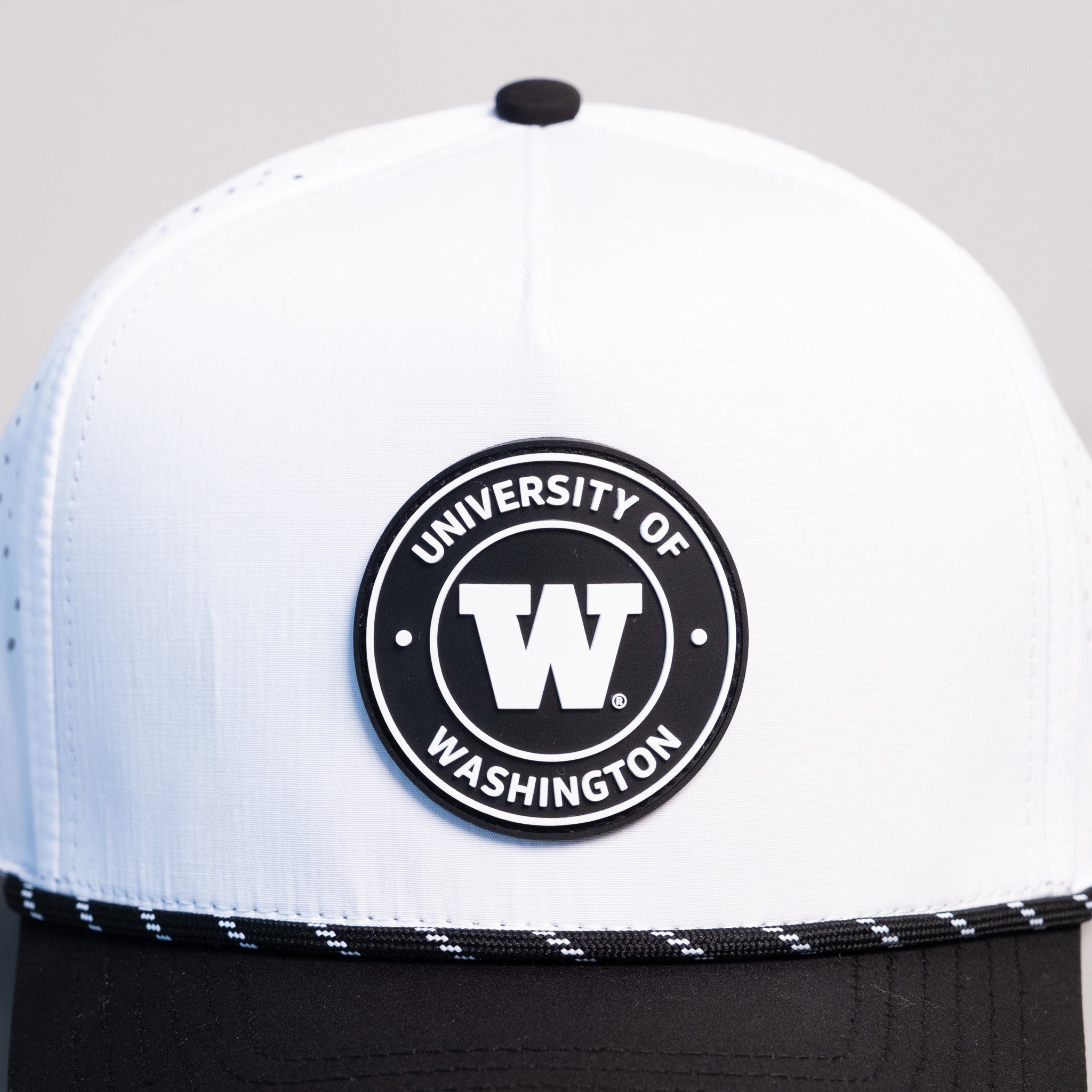 Washington Huskies Hat White & Black Tee Box Performance Rope Snapback - Front Detail