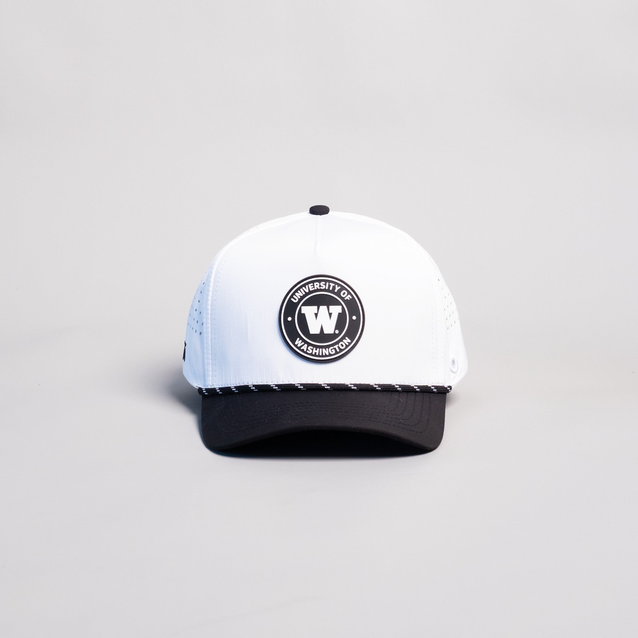 Washington Huskies Hat White & Black Tee Box Performance Rope Snapback - Front Panel