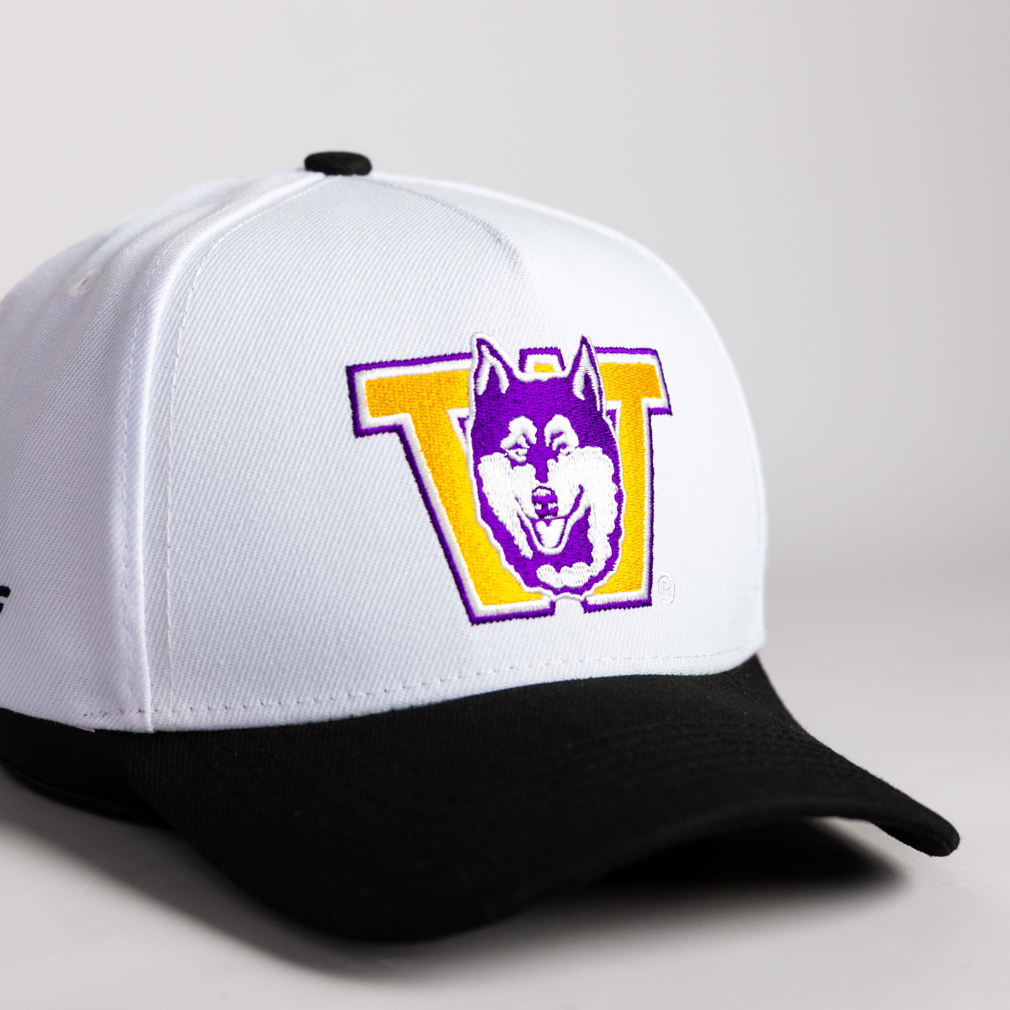 Washington Huskies Hat White & Purple Color Splash Snapback - Front Detail