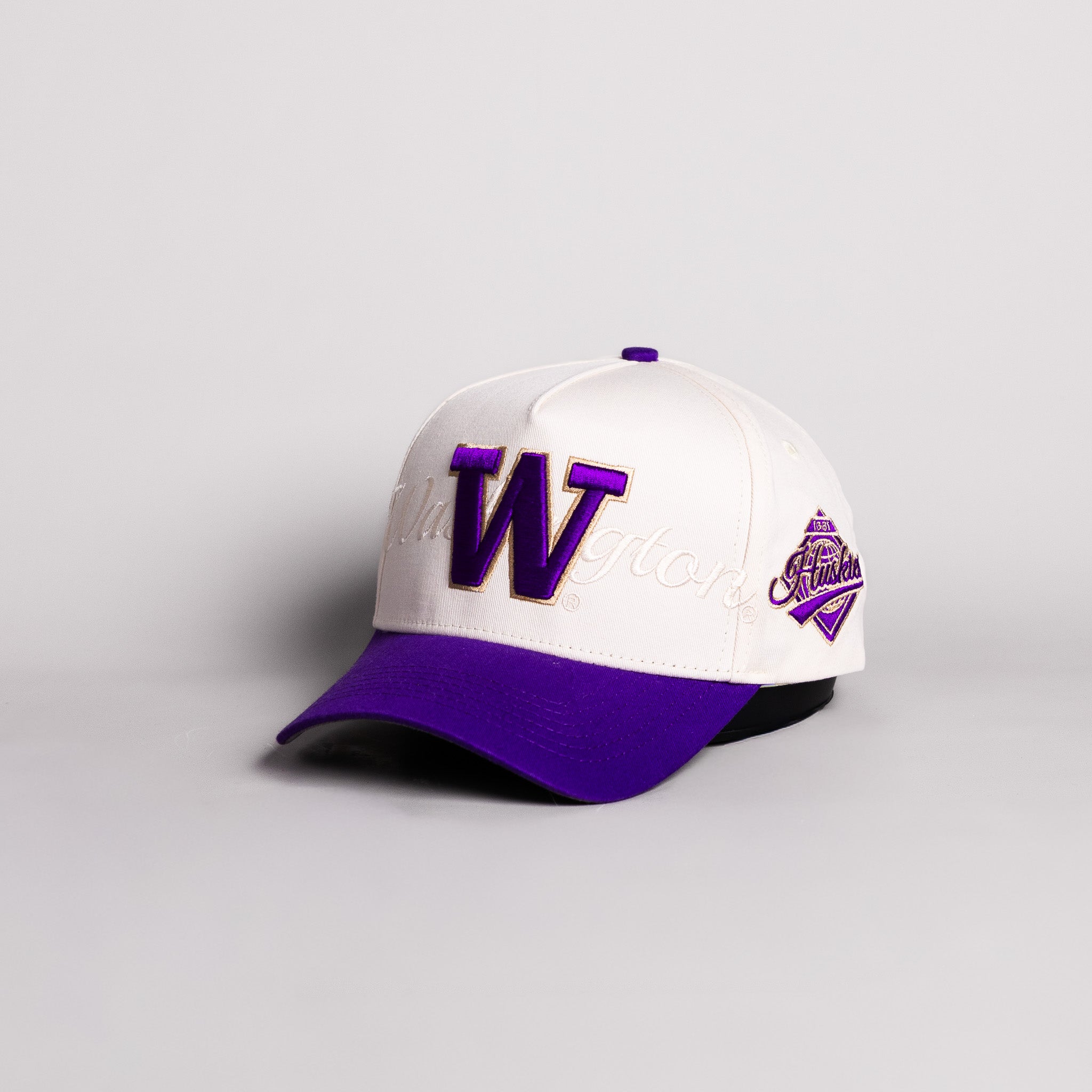 Washington Huskies W Hat Cream Cotton Purple Brim Huskies Patch Snapback - Angled View