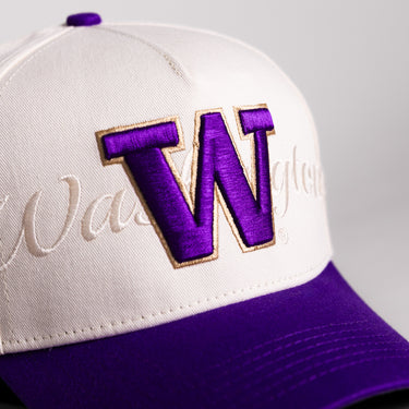 Washington Huskies W Hat Cream Cotton Purple Brim Huskies Patch Snapback - Front Detail