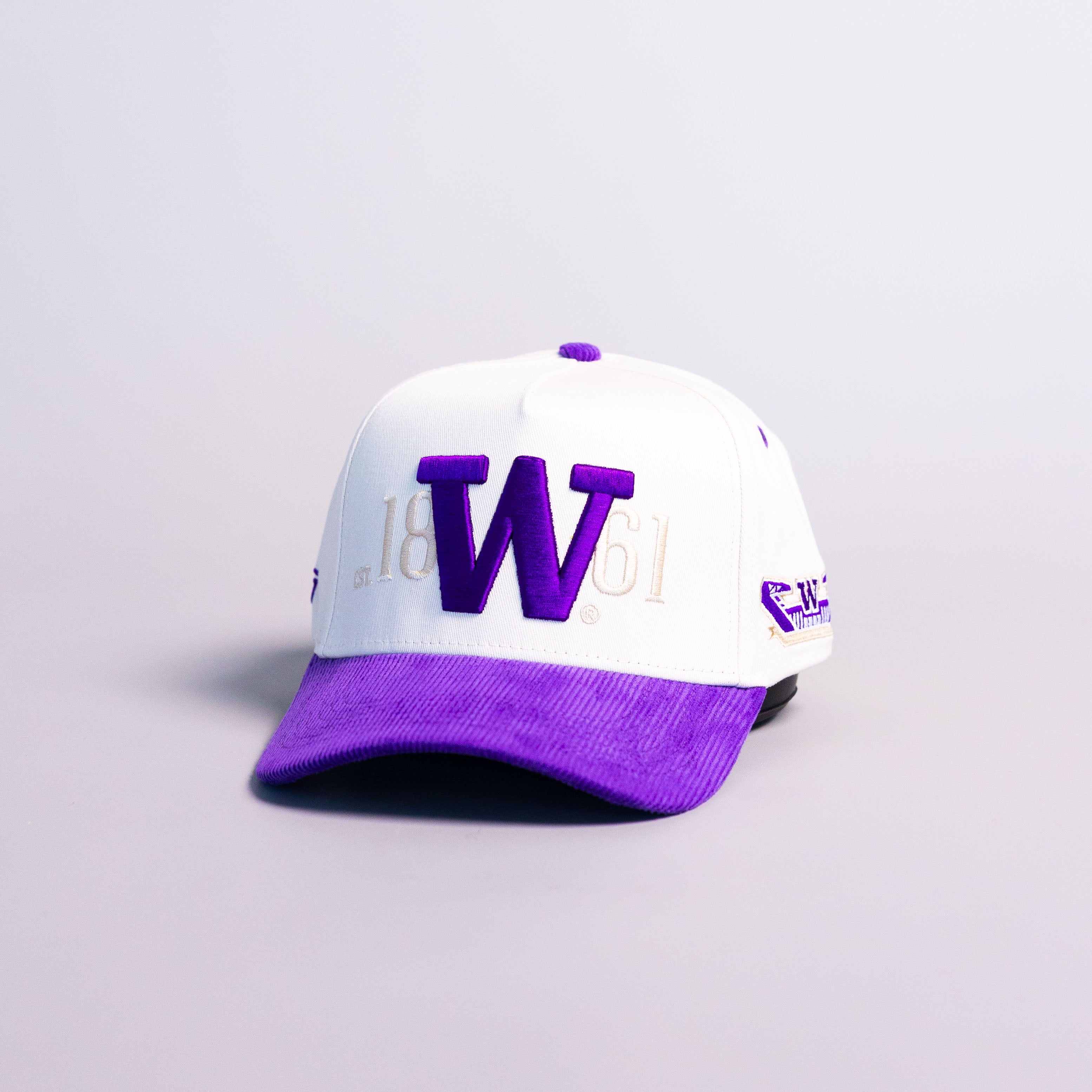 Washington Huskies W Hat Cream Purple Corduroy Brim Side Patch Snapback - Angled View