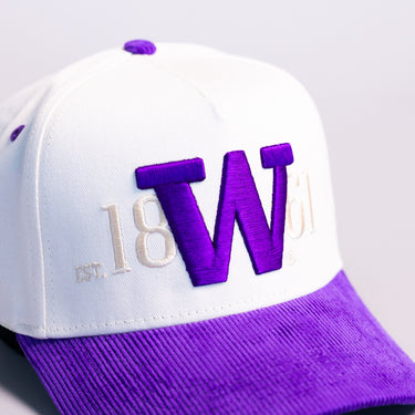 Washington Huskies W Hat Cream Purple Corduroy Brim Side Patch Snapback - Front Detail