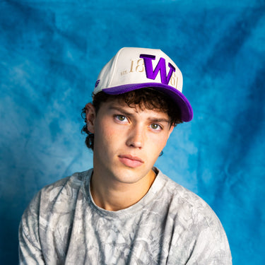 Washington Huskies W Hat Cream Purple Corduroy Brim Side Patch Snapback - On Model Lifestyle