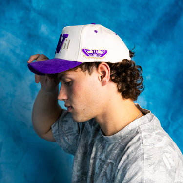 Washington Huskies W Hat Cream Purple Corduroy Brim Side Patch Snapback - On Model Seated
