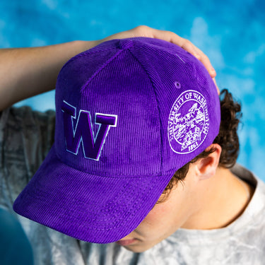 Washington Huskies W Hat Purple Corduroy Huskies Patch Snapback College - On Model Seated