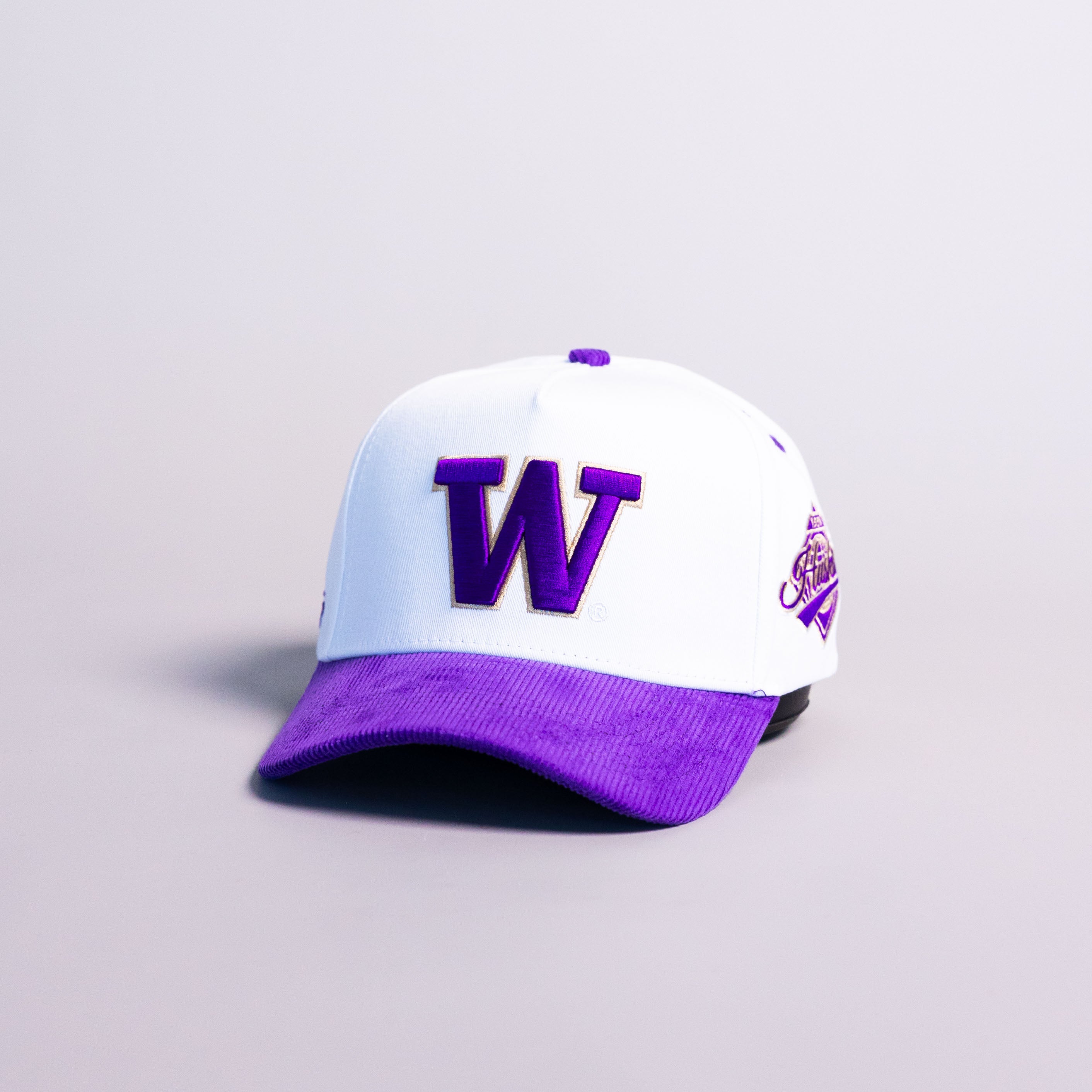 Washington Huskies W Hat White Purple Corduroy Brim Side Patch Snapback - Angled View