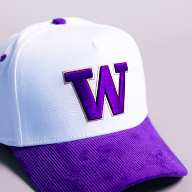Washington Huskies W Hat White Purple Corduroy Brim Side Patch Snapback - Front Detail