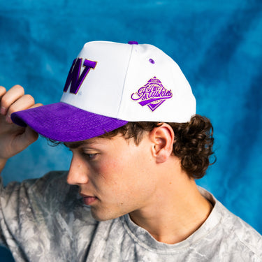 Washington Huskies W Hat White Purple Corduroy Brim Side Patch Snapback - On Model Seated