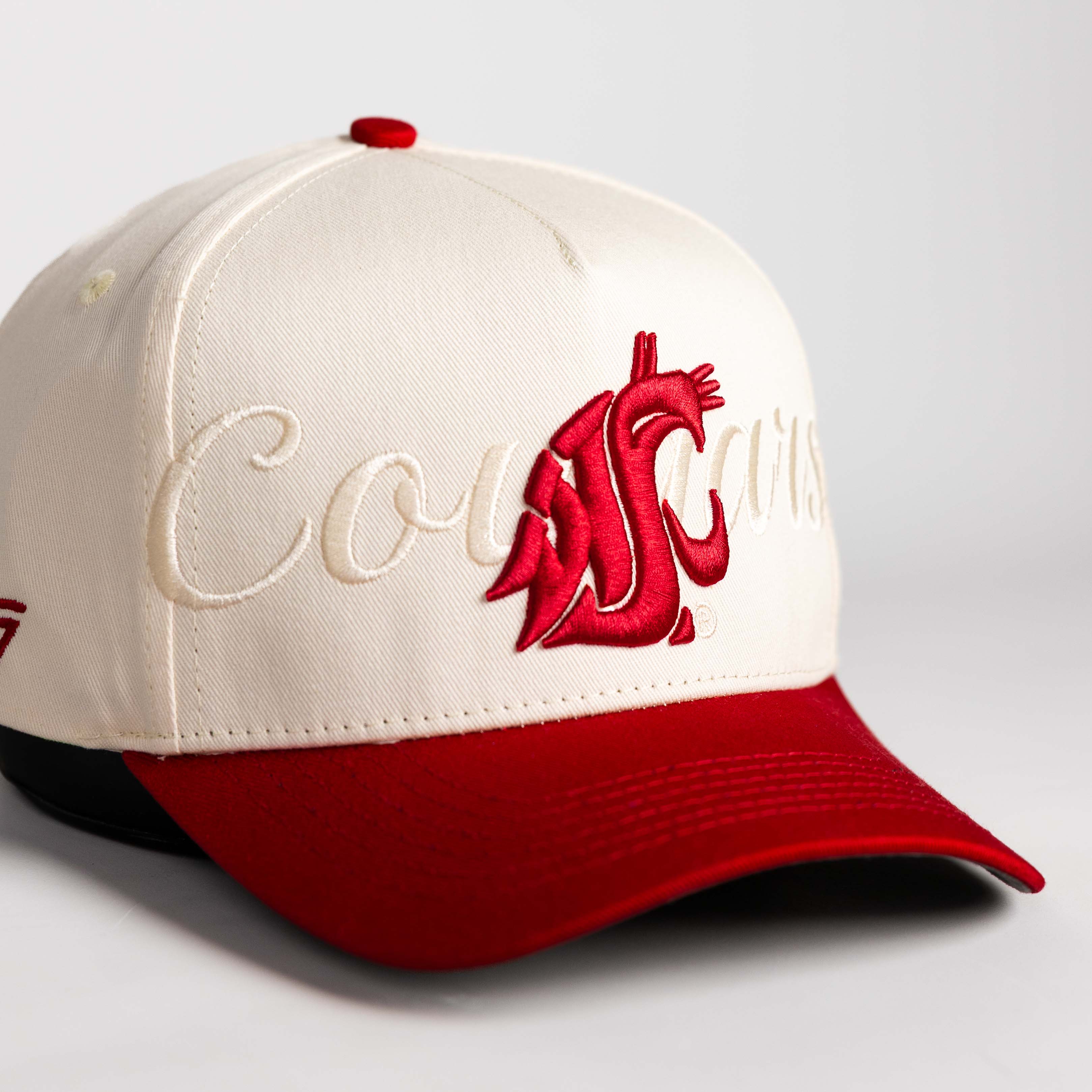 Washington State Cougars Hat Cream & Crimson Stacked Script Snapback - Angled View