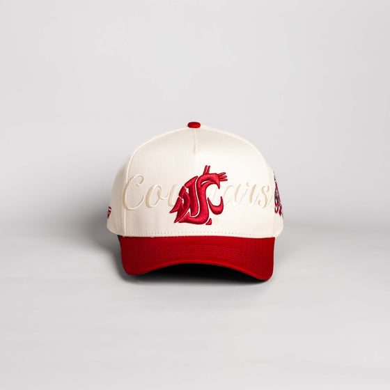 Washington State Cougars Hat Cream & Crimson Stacked Script Snapback - Front Panel