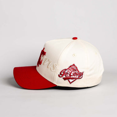 Washington State Cougars Hat Cream & Crimson Stacked Script Snapback - Side Patch