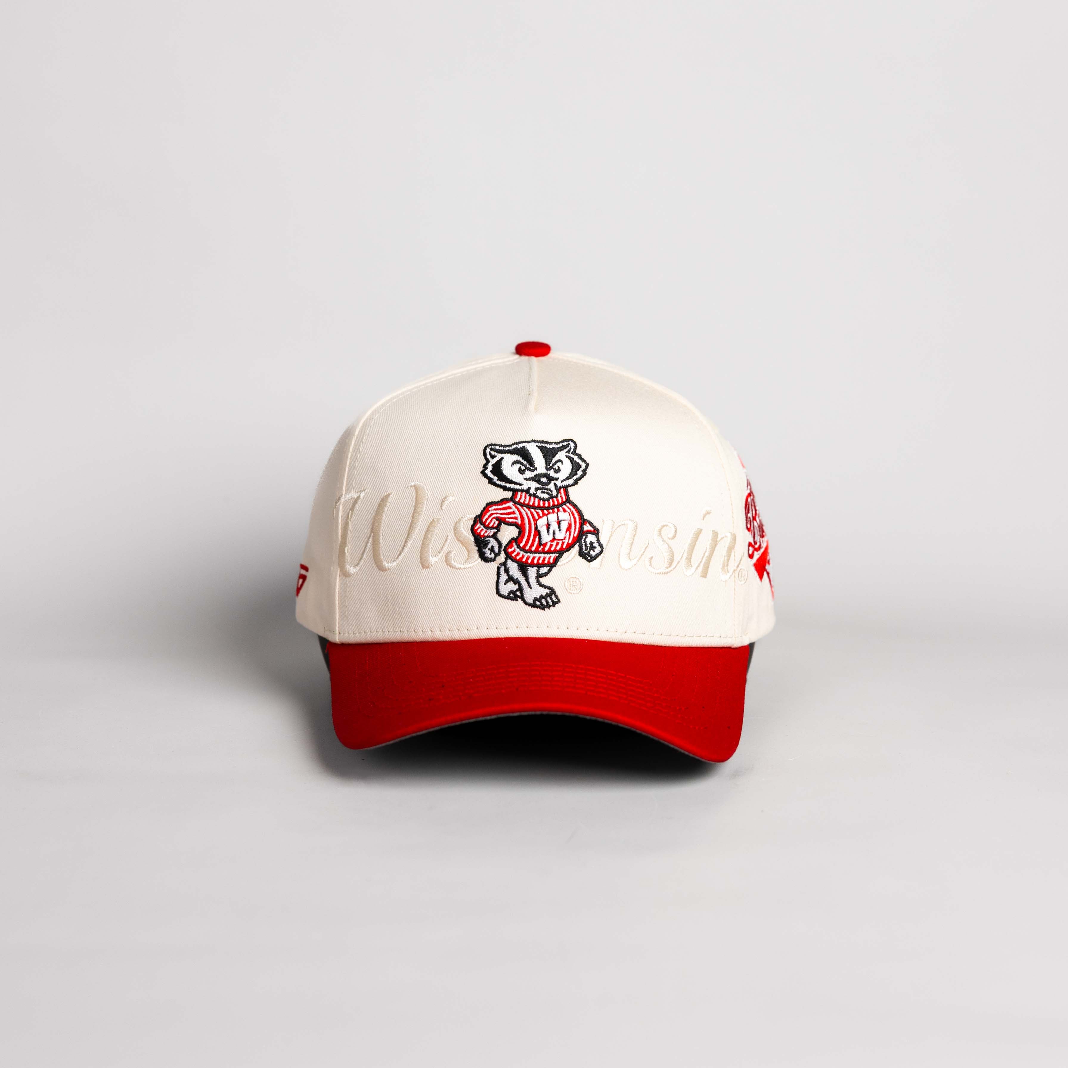 Wisconsin Badgers Hat Cream & Red Stacked Script Snapback - Front Panel