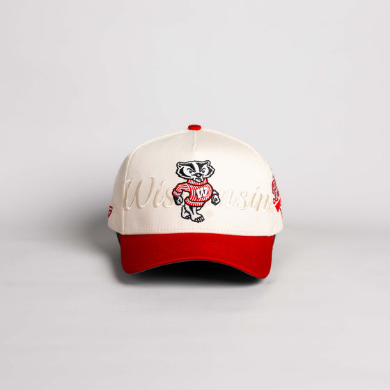 Wisconsin Badgers Hat Cream & Red Stacked Script Snapback - Front Panel