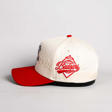 Wisconsin Badgers Hat Cream & Red Stacked Script Snapback - Side Patch