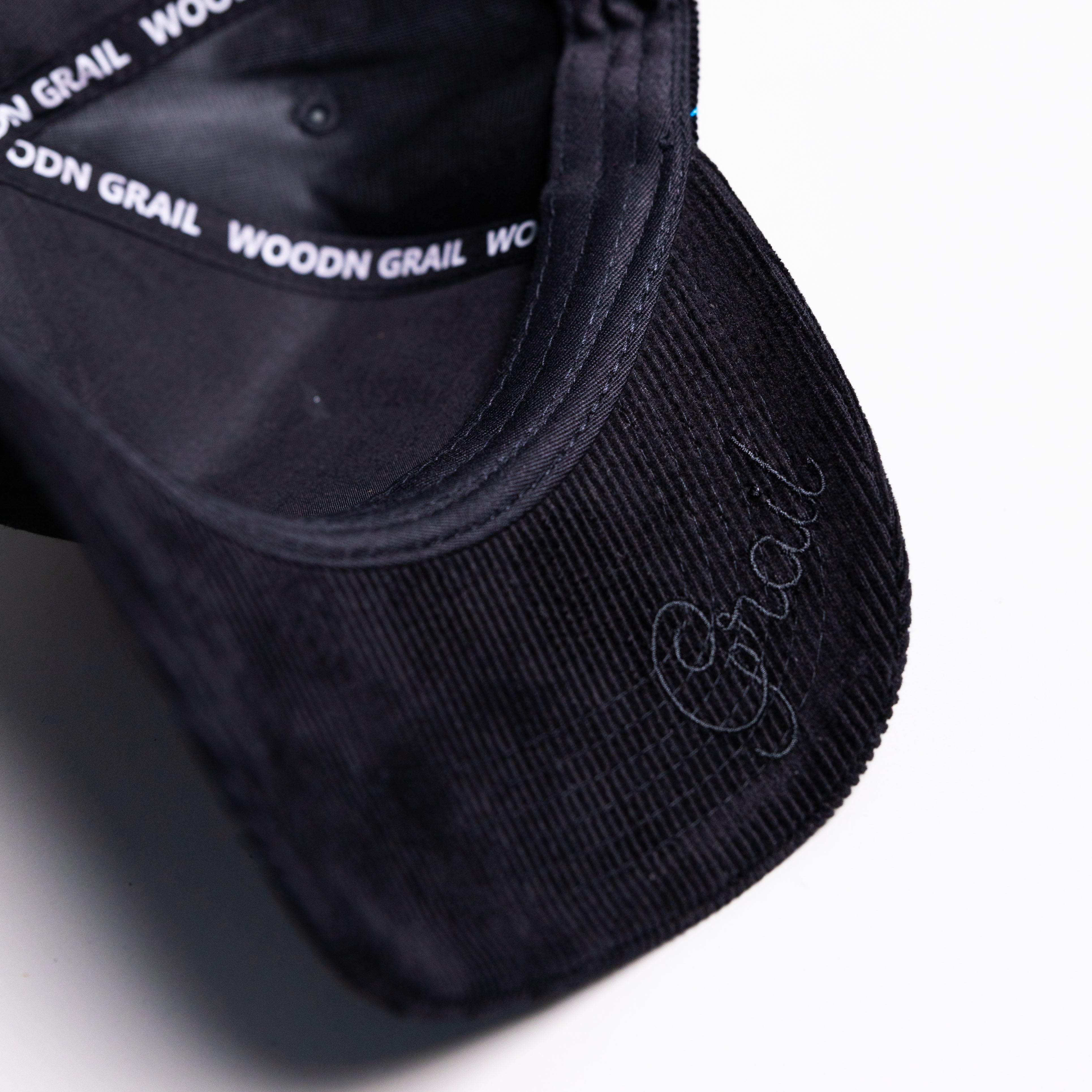 Woodn Grail Blacktop Snapback - Black Corduroy Underbrim Detail