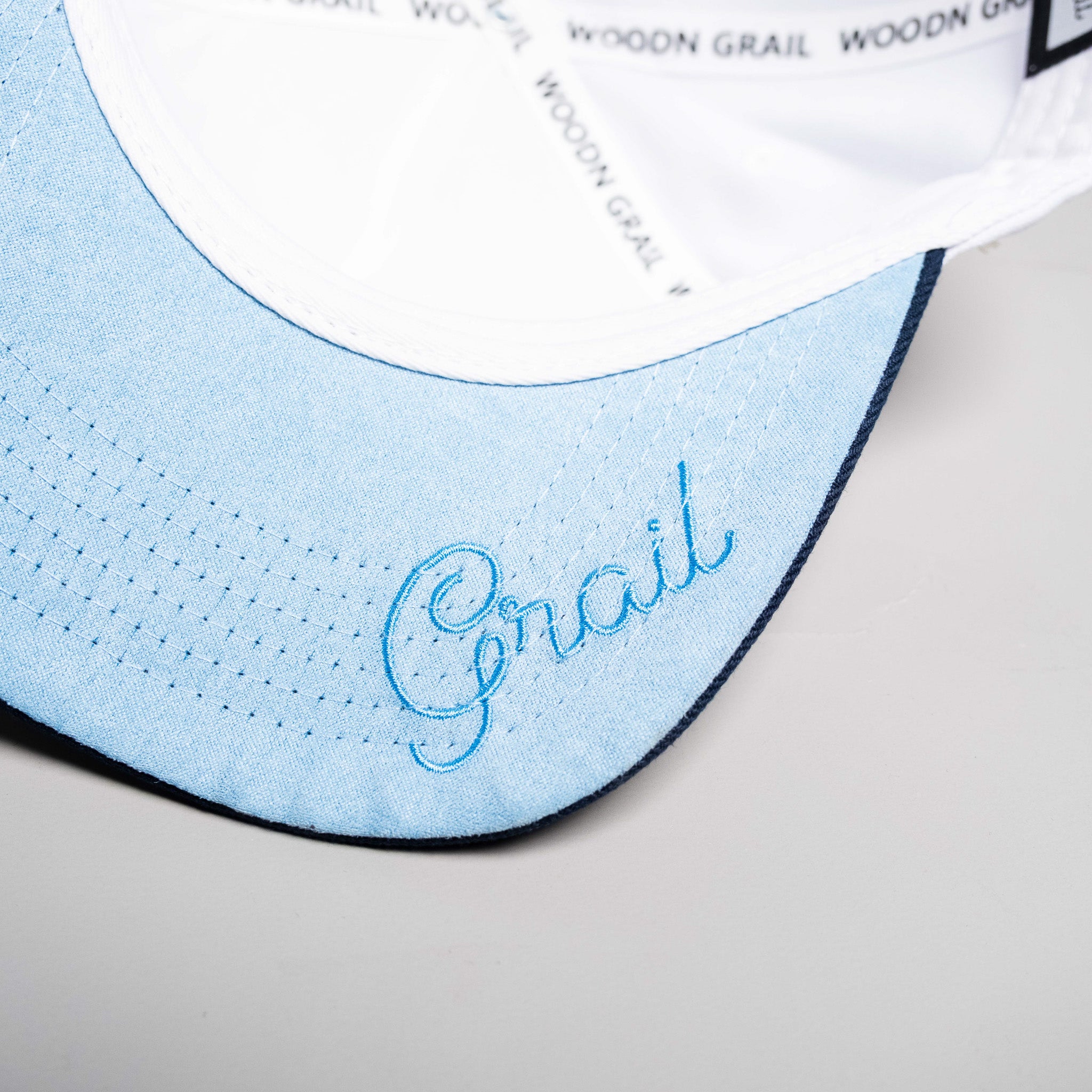 Woodn Grail White & Navy Snapback - Light Blue Suede Underbrim Detail